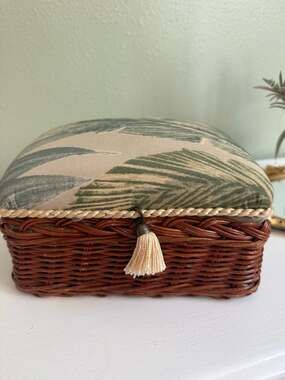 Vintage Wicker and Palm Print Upholstered Jewelry Box with Tassel